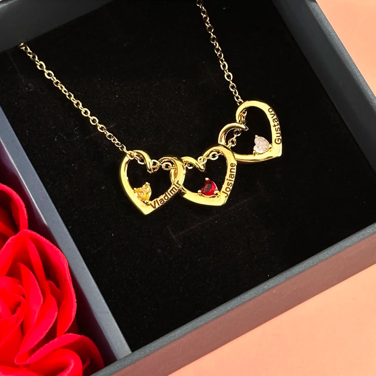 Birthstone Hearts Name Necklace