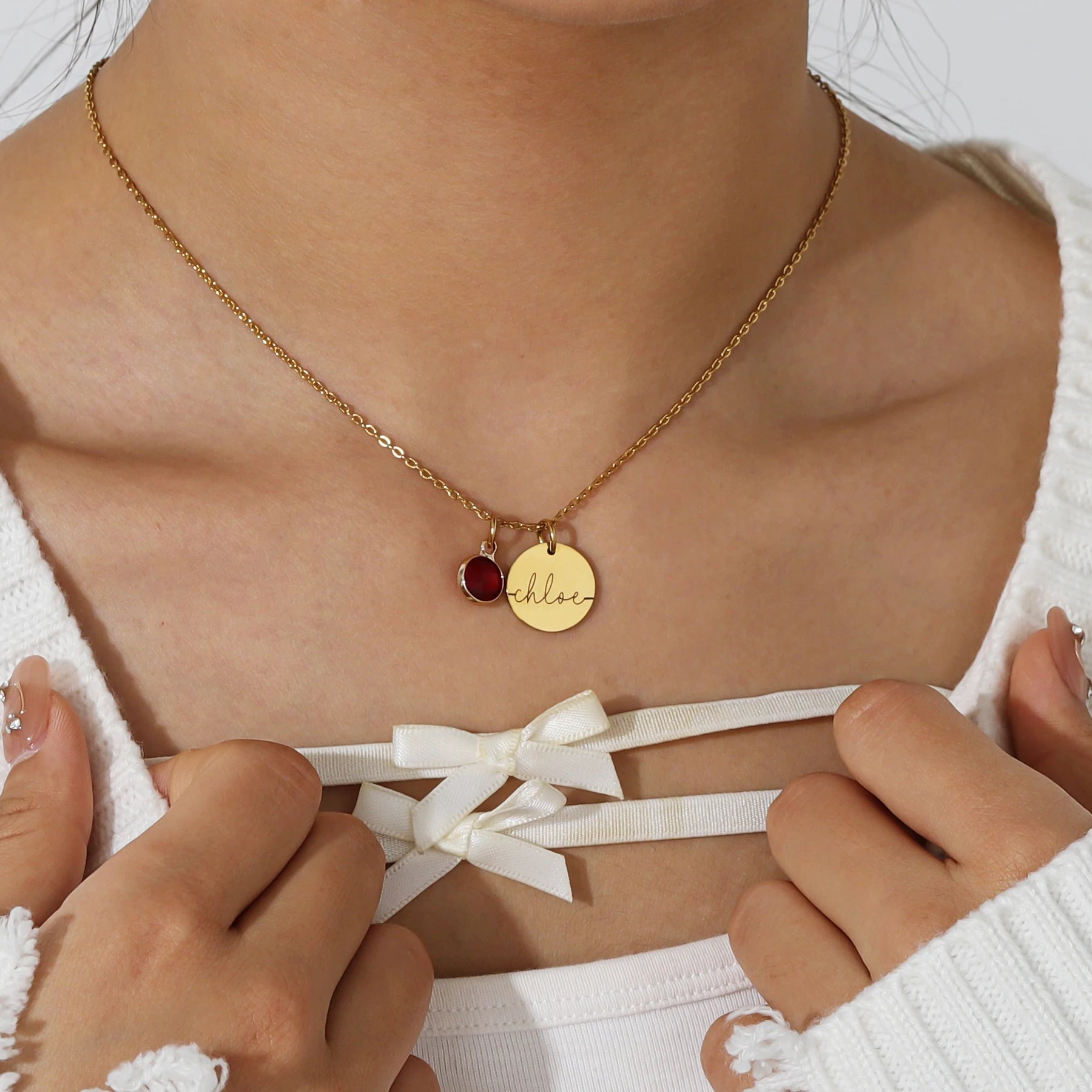 Birthstone Medal Name Necklace