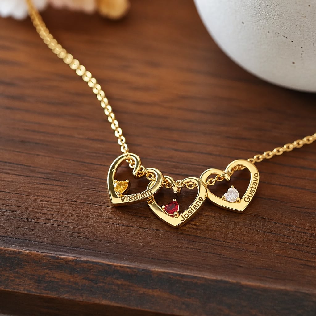 Birthstone Hearts Name Necklace