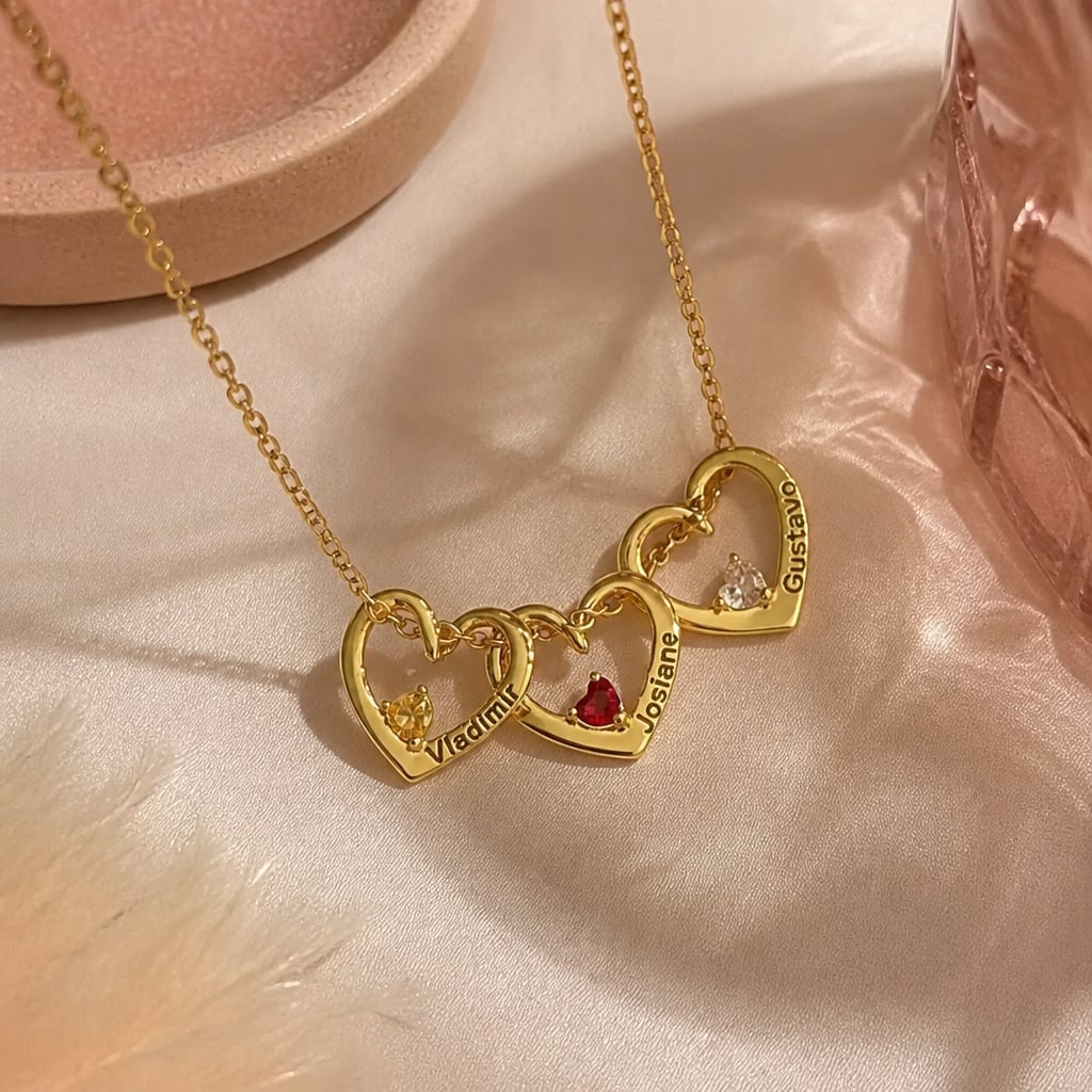 Birthstone Hearts Name Necklace